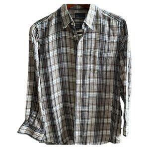 Vince Men's Plaid Linen Long Sleeve Shirt Brown /Blue / White size L